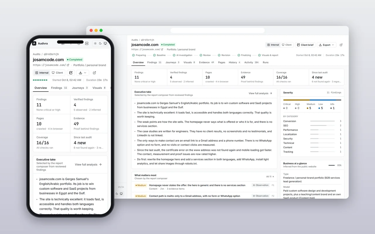 Audivra audit overview with findings and an executive summary.