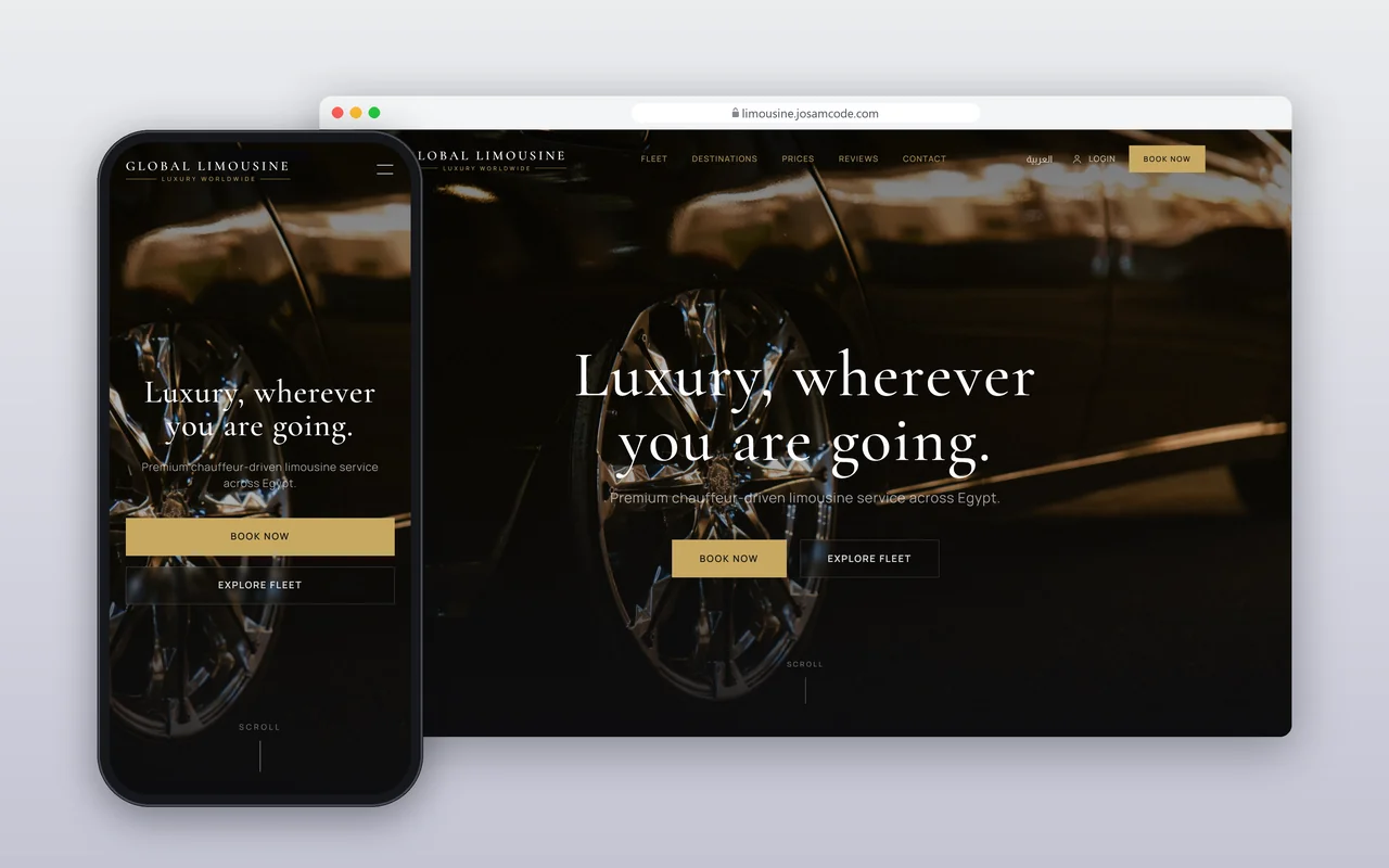 Global Limousine chauffeur website with a vehicle and booking actions.