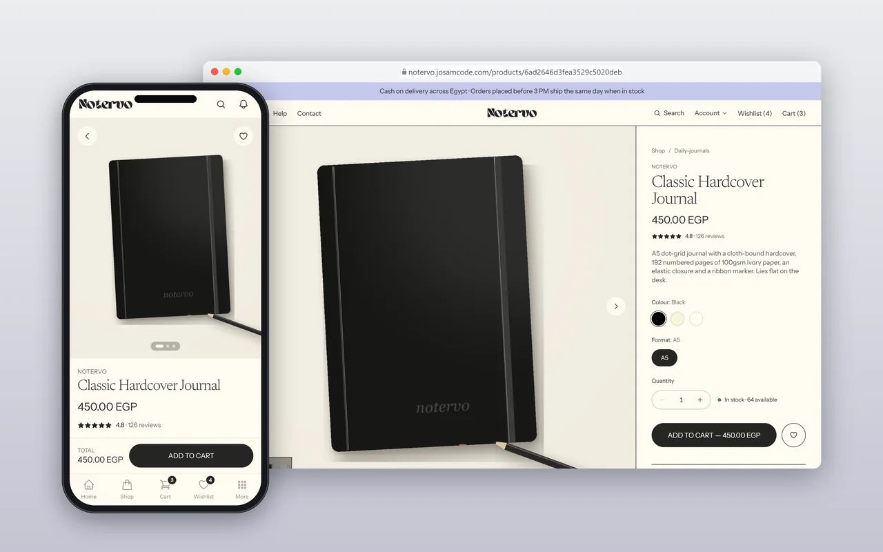 Notervo journal detail page with product photography, options, and cart actions.